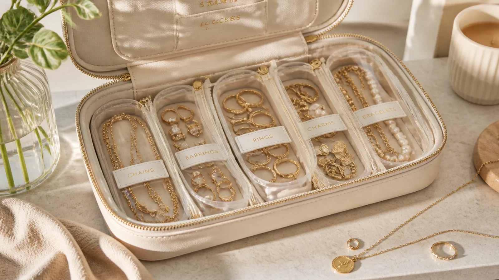 A set of small clear zip pouches, each holding one category of jewelry, grouped inside a larger travel pouch.
