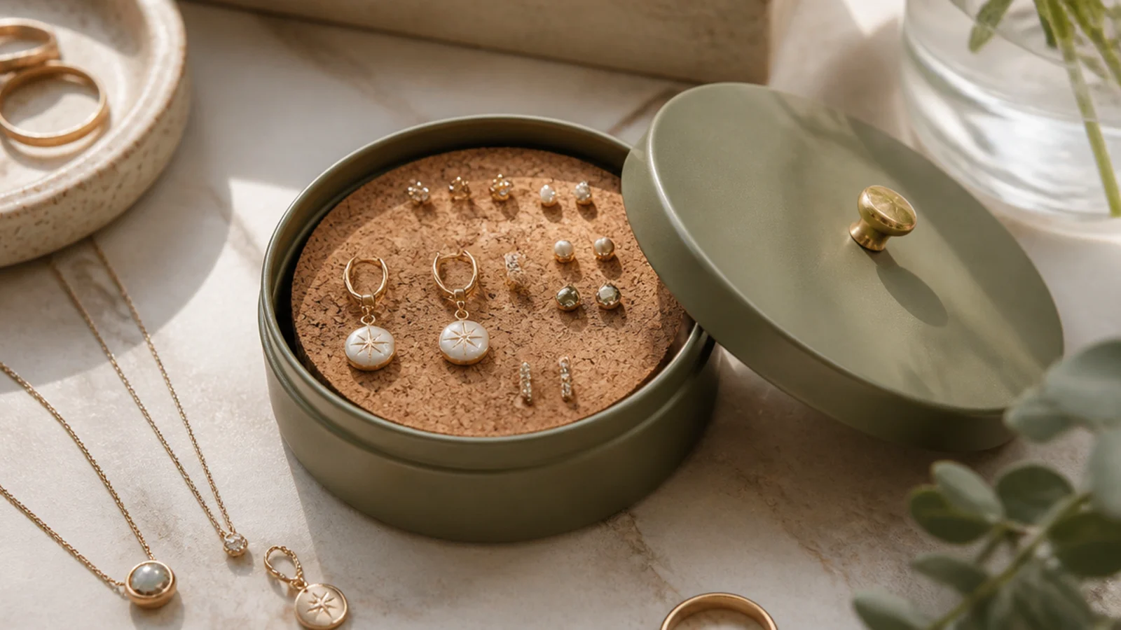 A small thick cork disc in a shallow tin, dangle earrings and studs pushed into the cork, lid ready to close.
