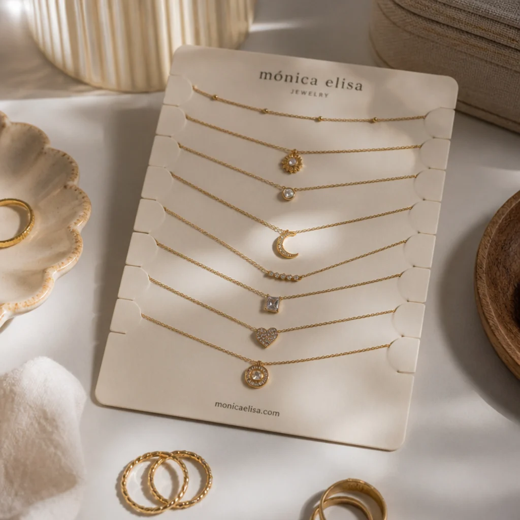 A stiff card with slits along the edge, each necklace laid in a slit with the pendant on the card and clasp secured.