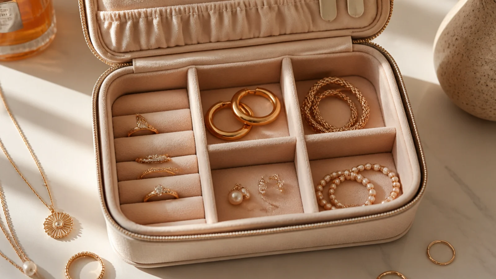 A padded divider insert sitting inside a makeup bag, sections holding rings, earrings, and coiled bracelets.