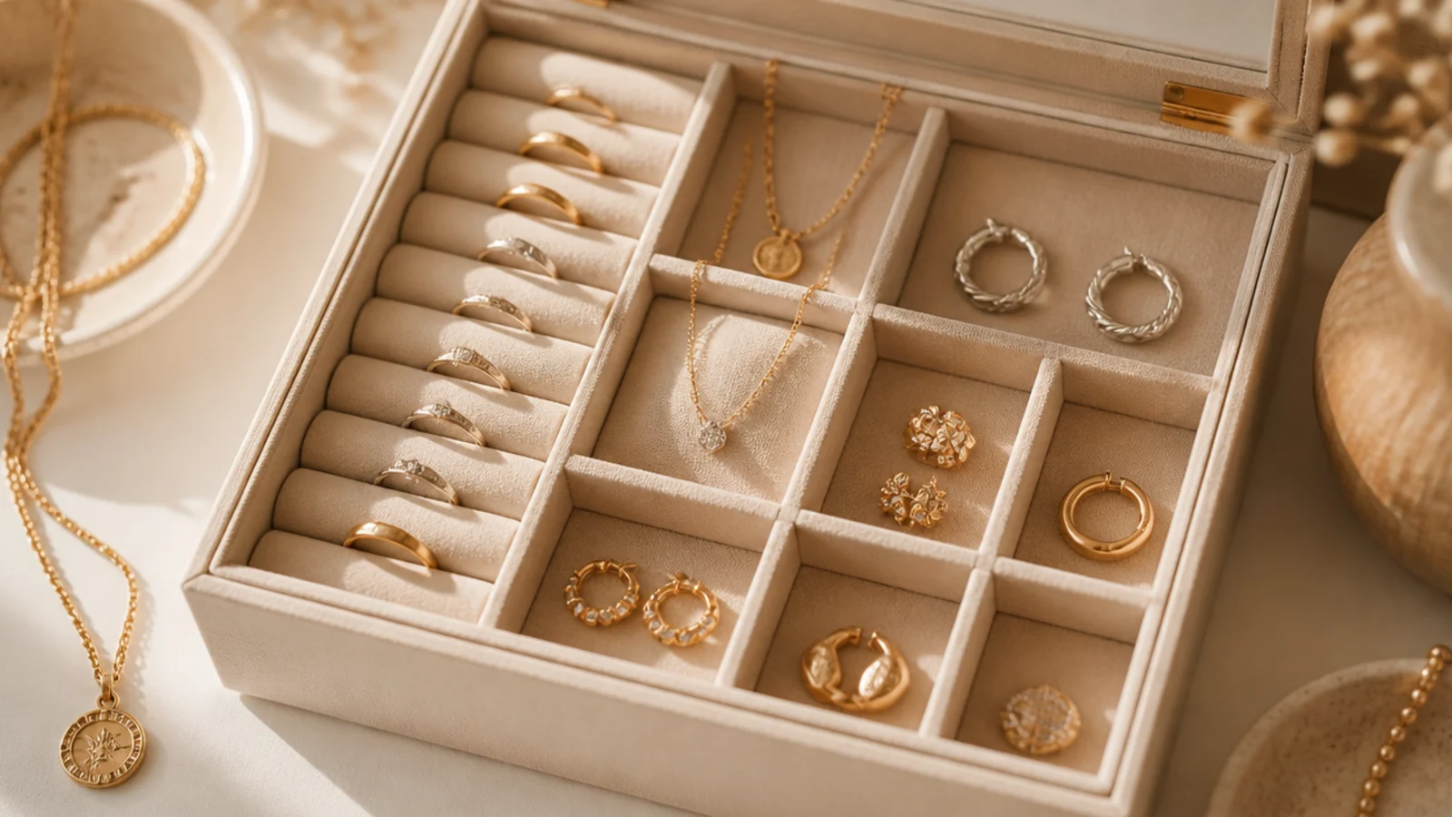 A small lined box with anti-tarnish fabric compartments holding silver and gold pieces, protecting their shine.