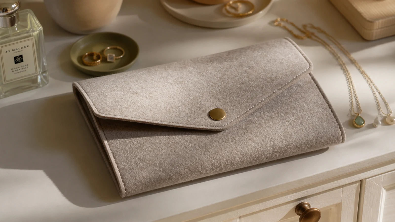 A no-sew folded felt folio with glued pockets, slits, and loops holding a full mix of jewelry, snapped closed.