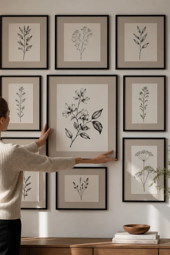 Nine frames on a square grid with one large center print
