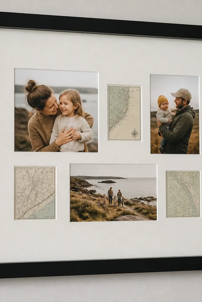 One large frame containing multiple small prints on a shared mat