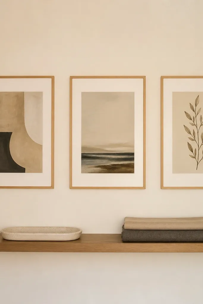 Small frames lined above a thin floating shelf