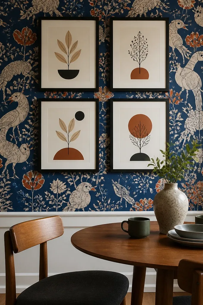 Frames placed on a small wallpapered rectangle behind them
