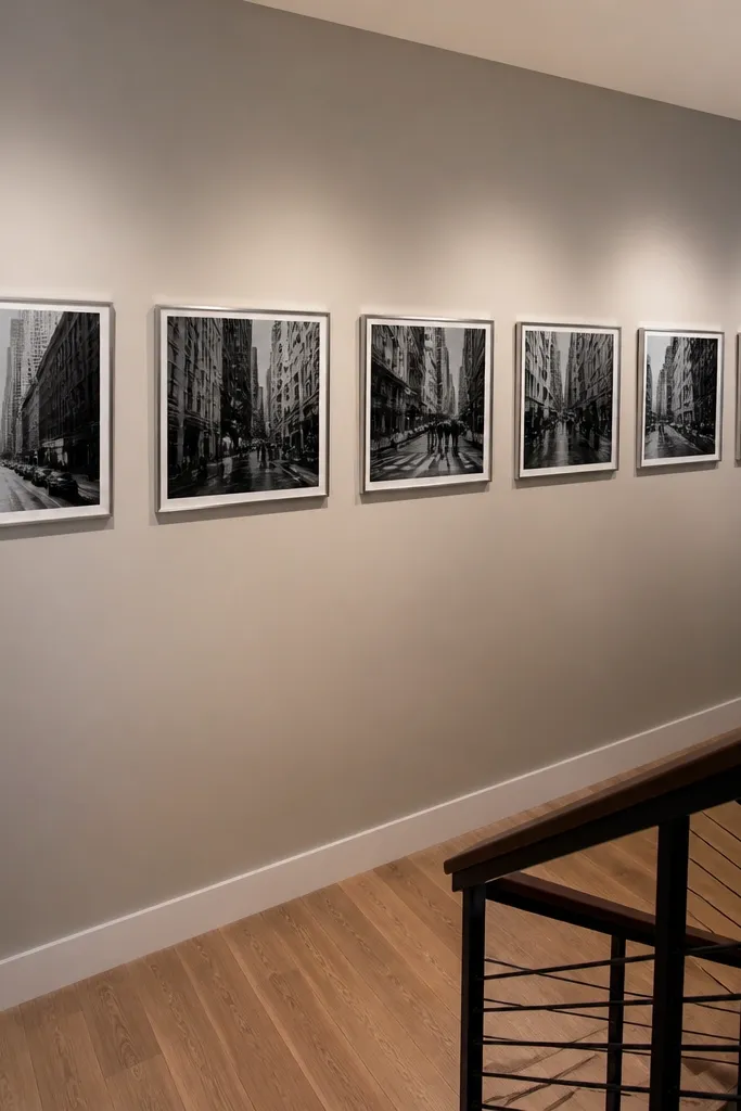 A horizontal strip of monochrome photos in identical frames