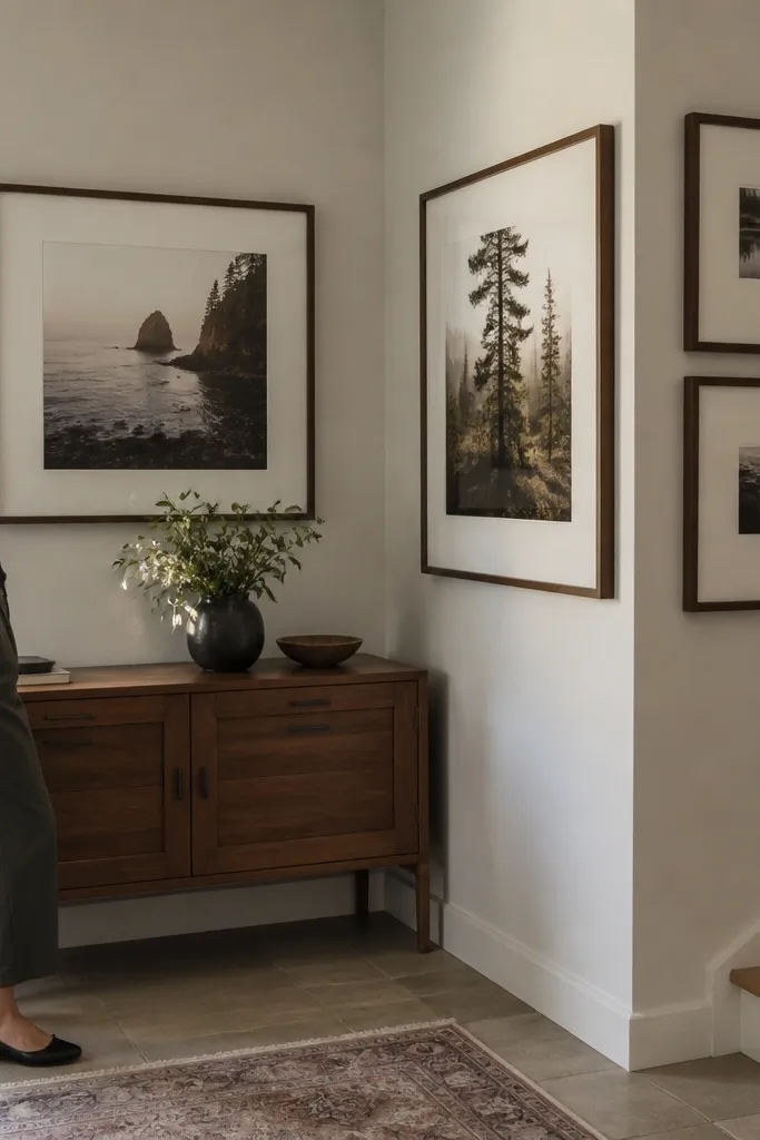 Frames arranged so the gallery wraps around a room corner