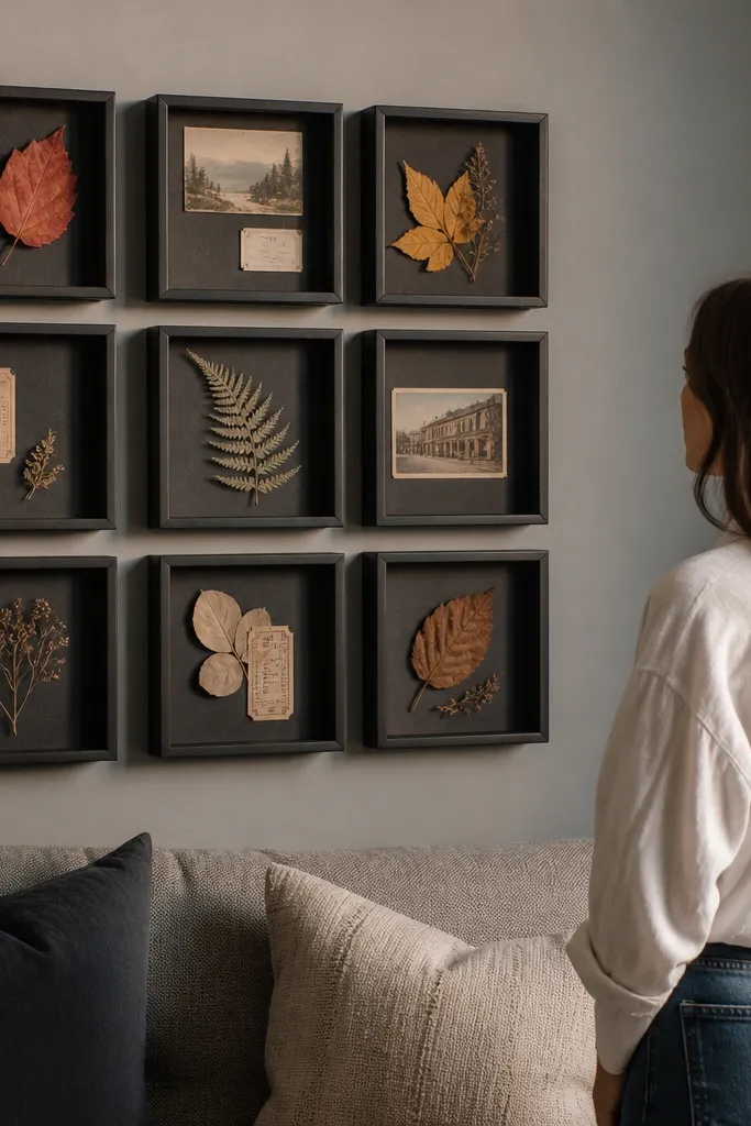 A grid of shadow boxes containing small objects and fabric