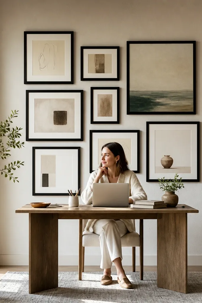 Frames in one bold color arranged around neutral art