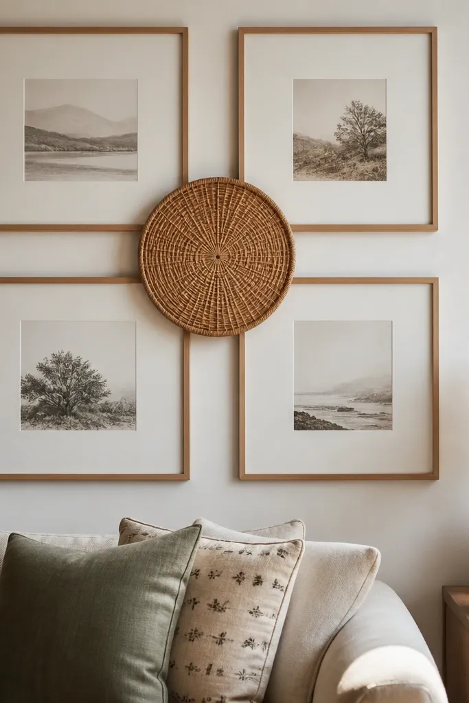 Small rattan wall decor surrounded by framed art in a grid