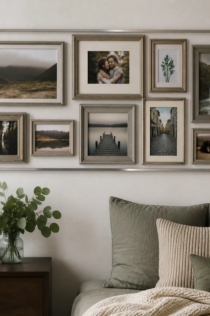 Frames arranged inside a thin metal border line on the wall