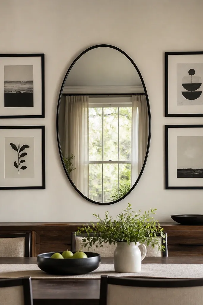 One large mirror paired with framed art on the same wall