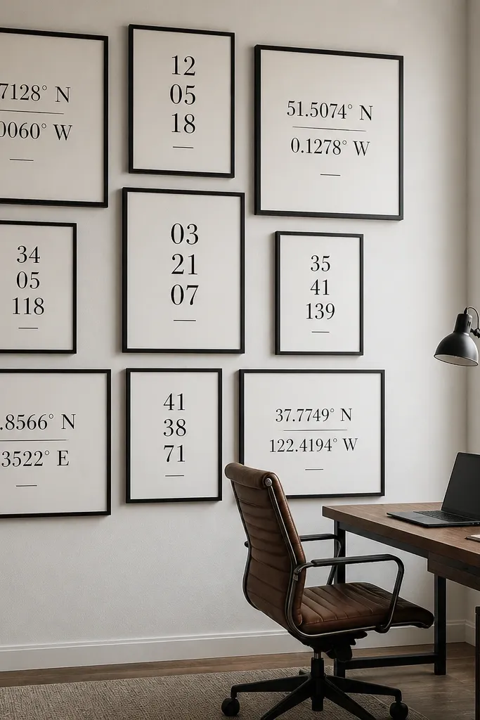 Frames with typography prints and dates arranged in a structured grid
