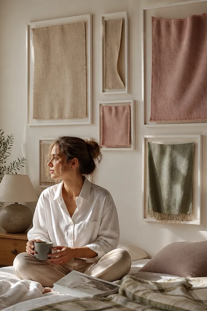 Frames holding fabric swatches arranged like banners