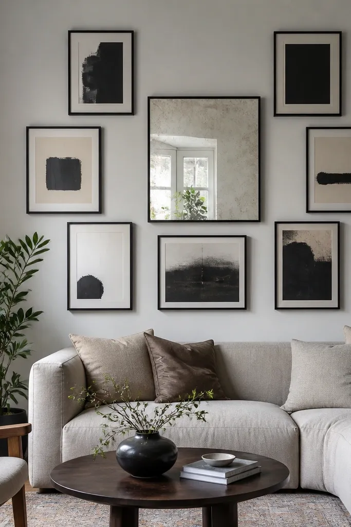 A gallery wall where one frame has a reflective backing