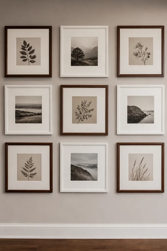 Gallery wall with frames in two colors arranged in a strict template