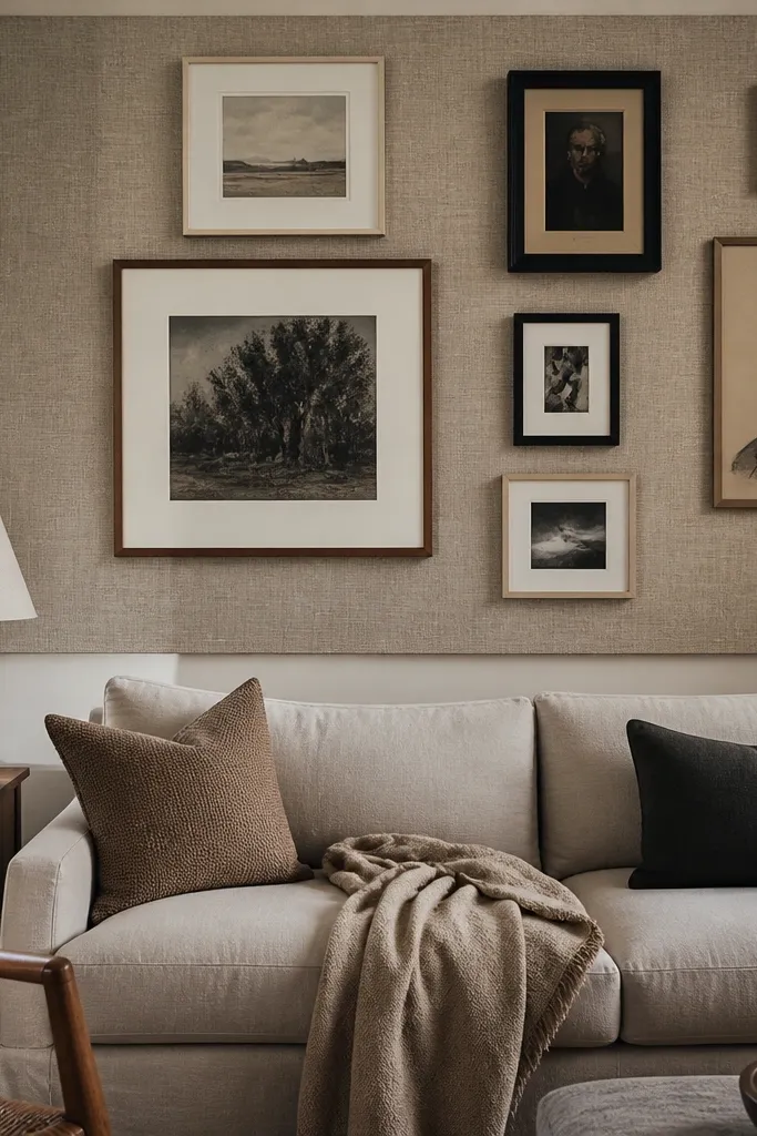 Frames mounted on a fabric-covered board pinned to the wall