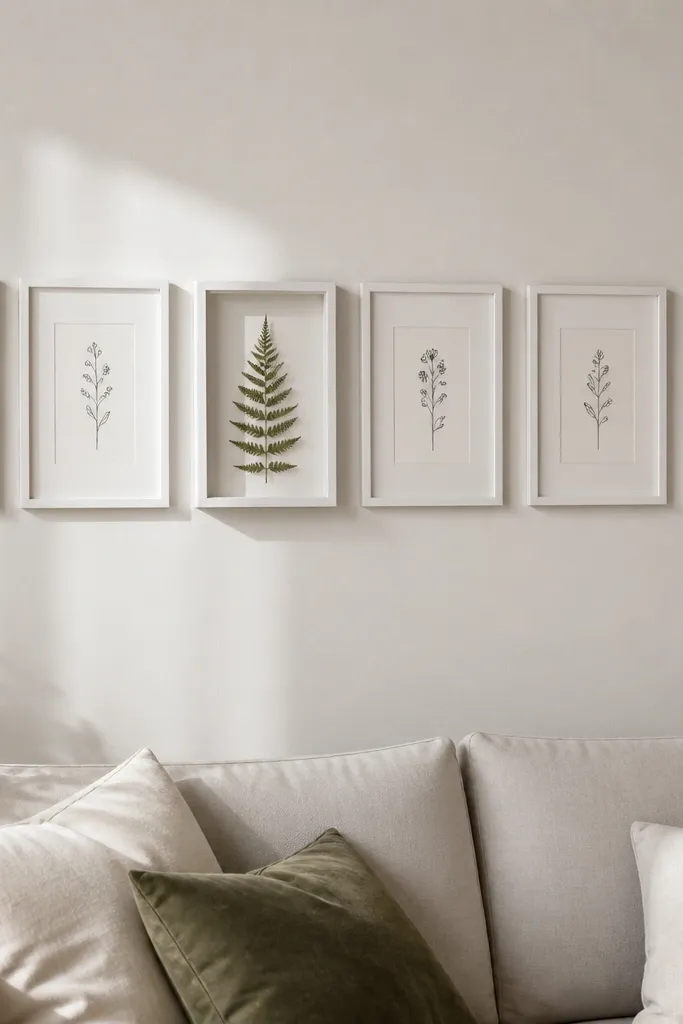 Straight line of frames with one shadow box placed off the line