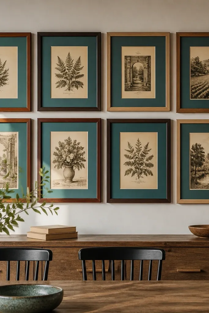 Mixed wooden frames with teal mats and small vintage prints arranged in a grid.