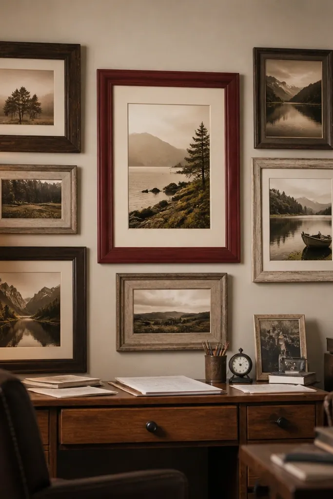 Brown and cream frames with sepia photos, plus one burgundy frame in the center.