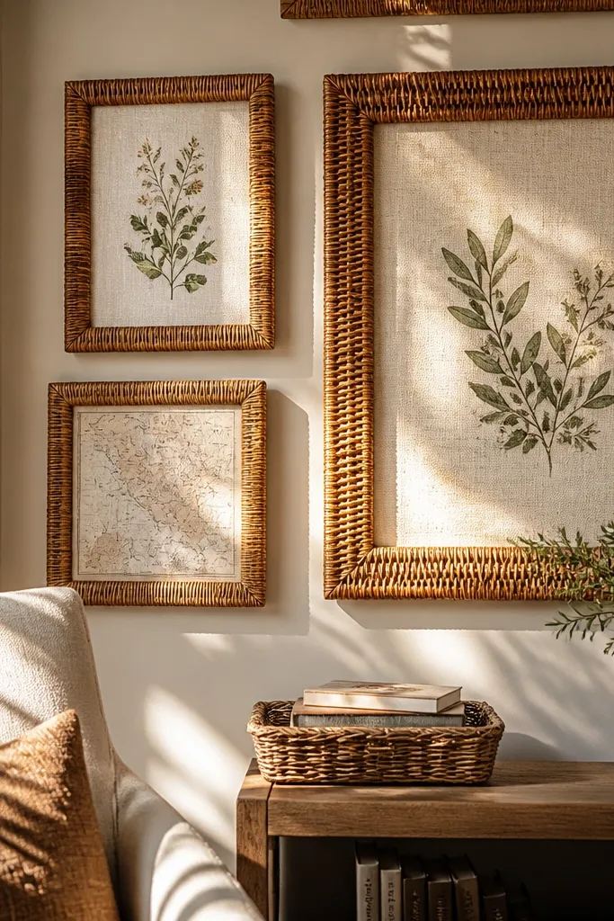 Rattan frames holding linen-like prints in muted beige and gray.