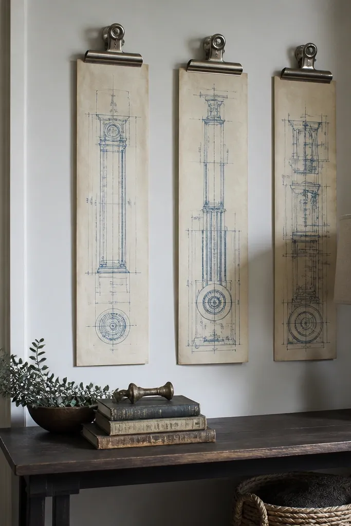 Framed blueprint strips with visible metal binder clips arranged vertically.
