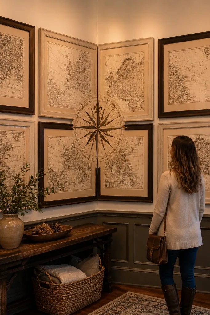 Antique map prints in mixed frames with a compass rose centered near a corner.