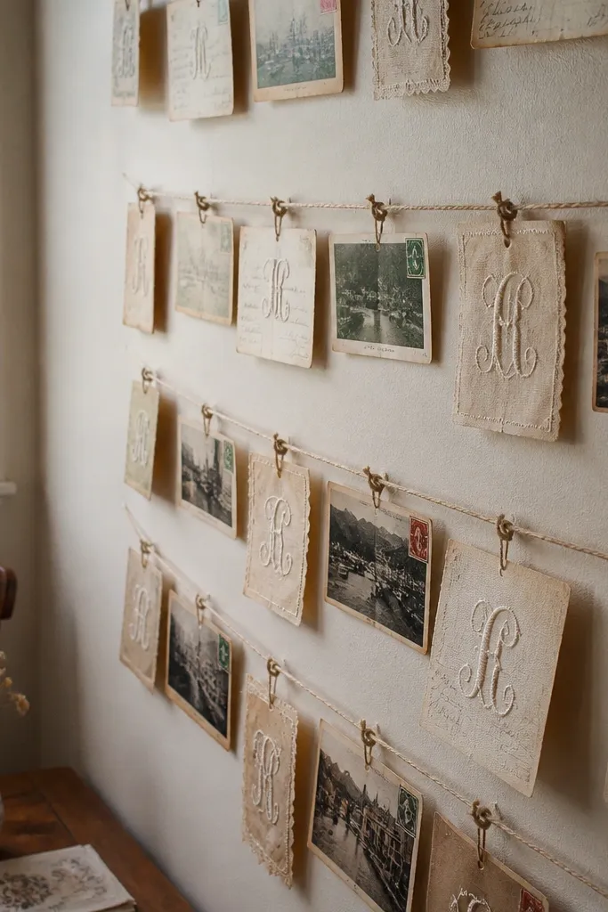 Postcards pinned behind glass with a few monogram cards threaded through twine.