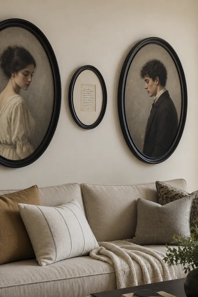 Three large oval frames with faded portraits and smaller square frames around them.