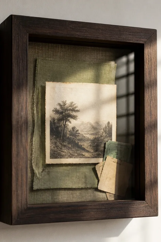 Shadowbox frames showing pinned fabric swatches and small paper ephemera.