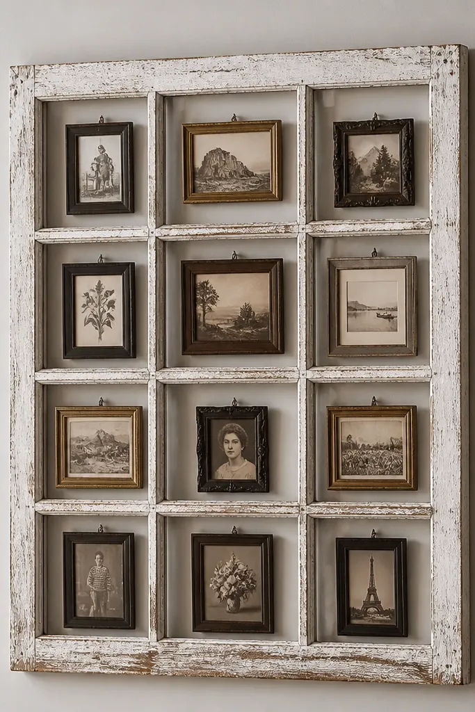 A whitewashed window frame holding multiple tiny photos in small inserts.