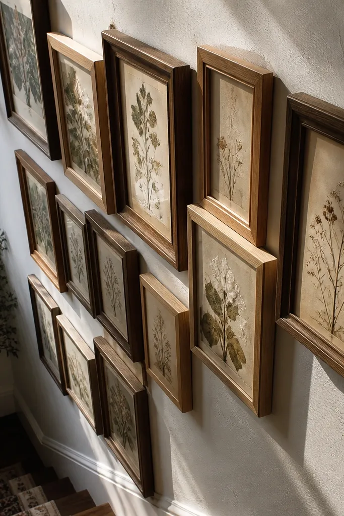 Frames stacked at different depths, with some prints offset from the wall.