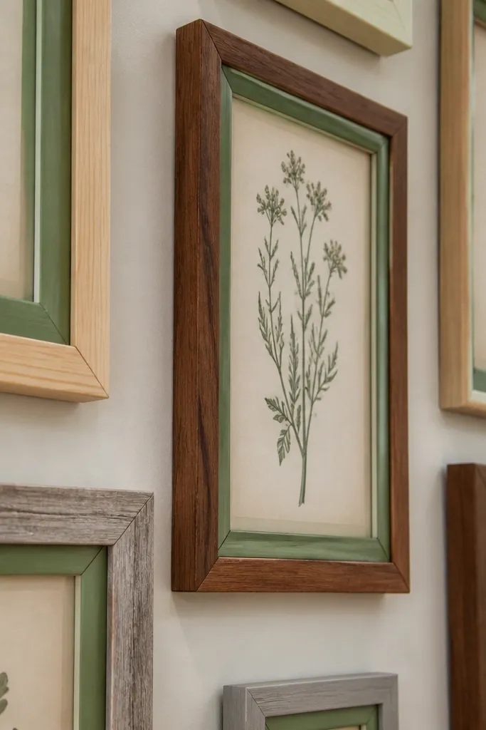 Botanical prints in different frames with matching green paint only on the inner edges.