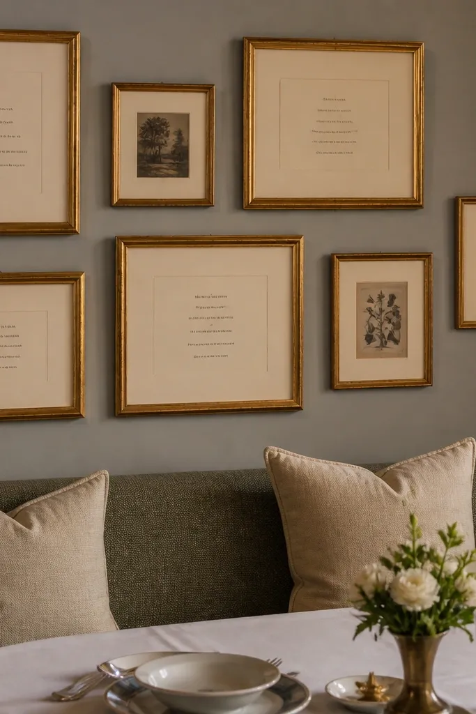 Cream mats and gold frames holding aged typography and small ornament prints.