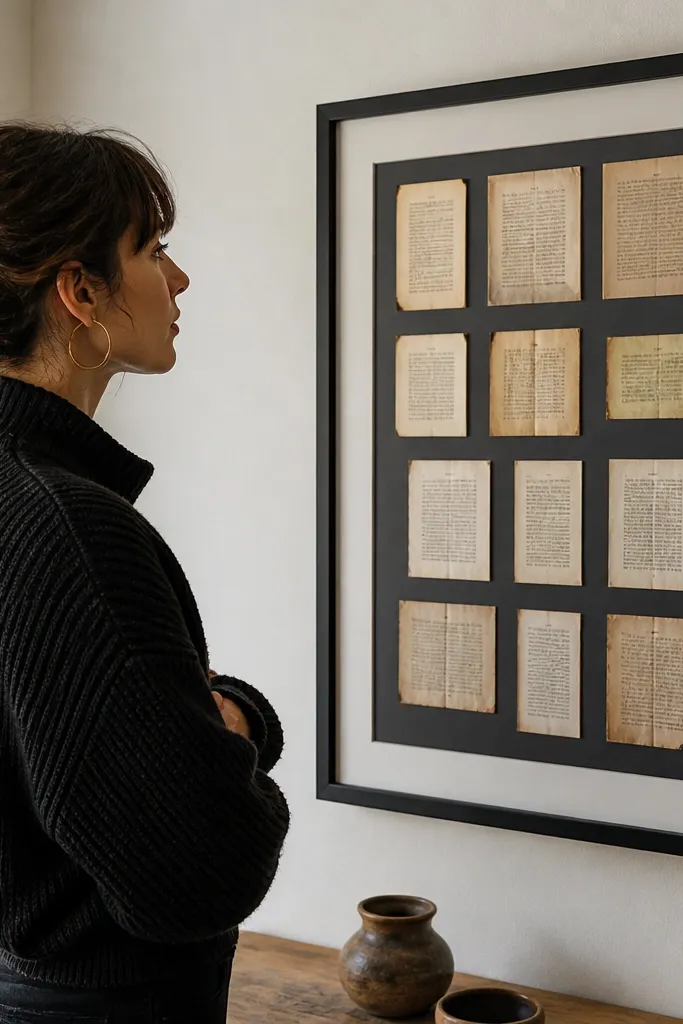 Frames containing clipped book pages with a black-and-white mat layout.