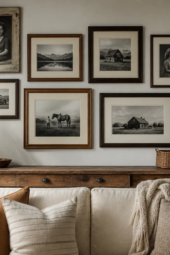 Seven large frames arranged asymmetrically with consistent gaps and muted tones.