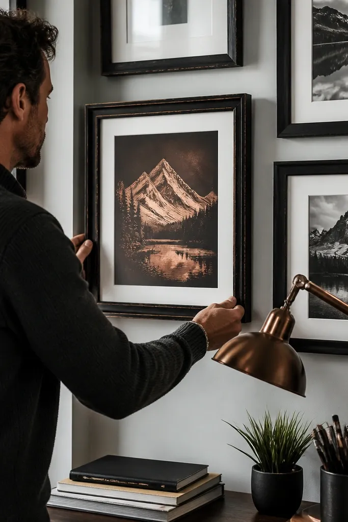 Distressed black frames with white mats, plus one copper-toned print as a focal point.