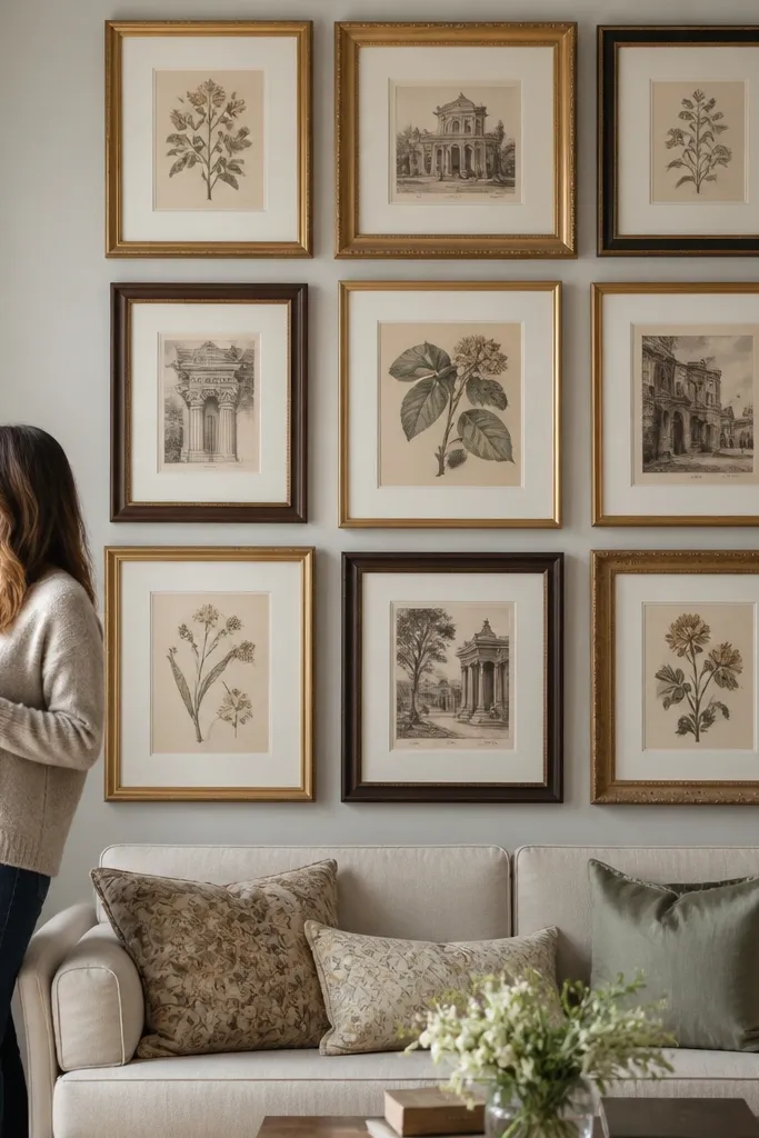 A grid of antique prints with visible 1-inch spacing between frames.