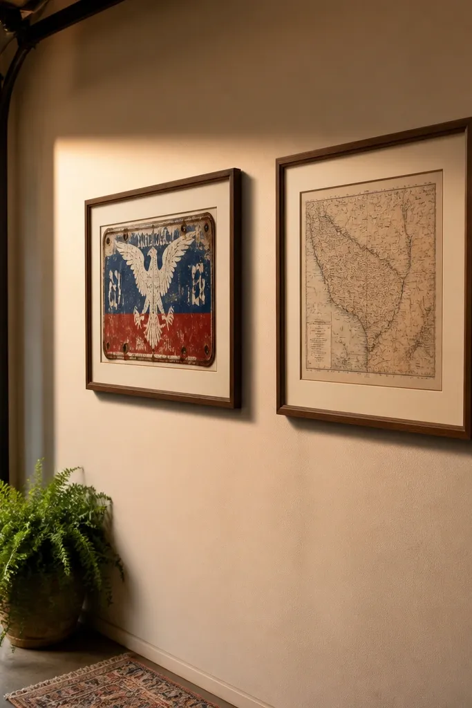 Small license plate pieces and map fragments arranged in frames together.