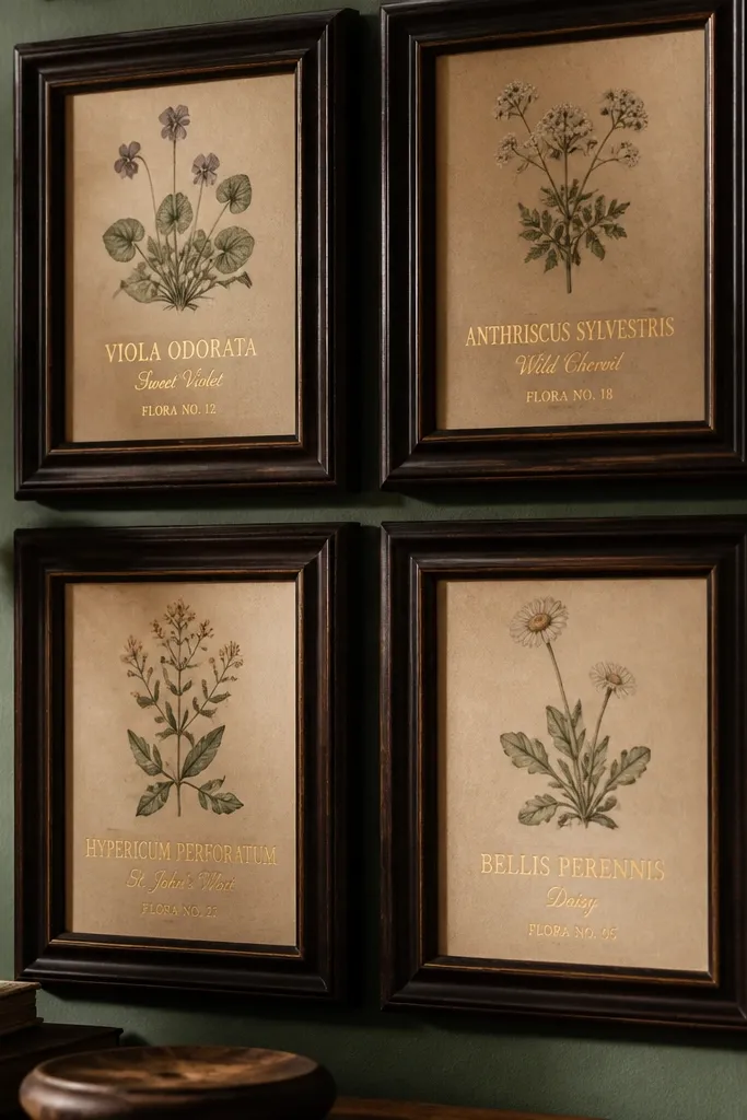 Dark wood frames with gold foil plant labels and muted botanical prints.