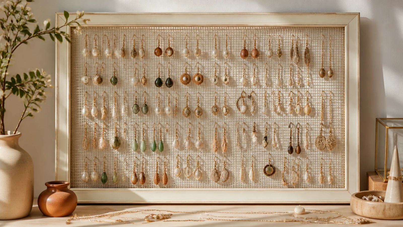 A cream-framed panel of fine wire mesh on a bedroom wall holding dozens of dangle earrings in tidy columns.