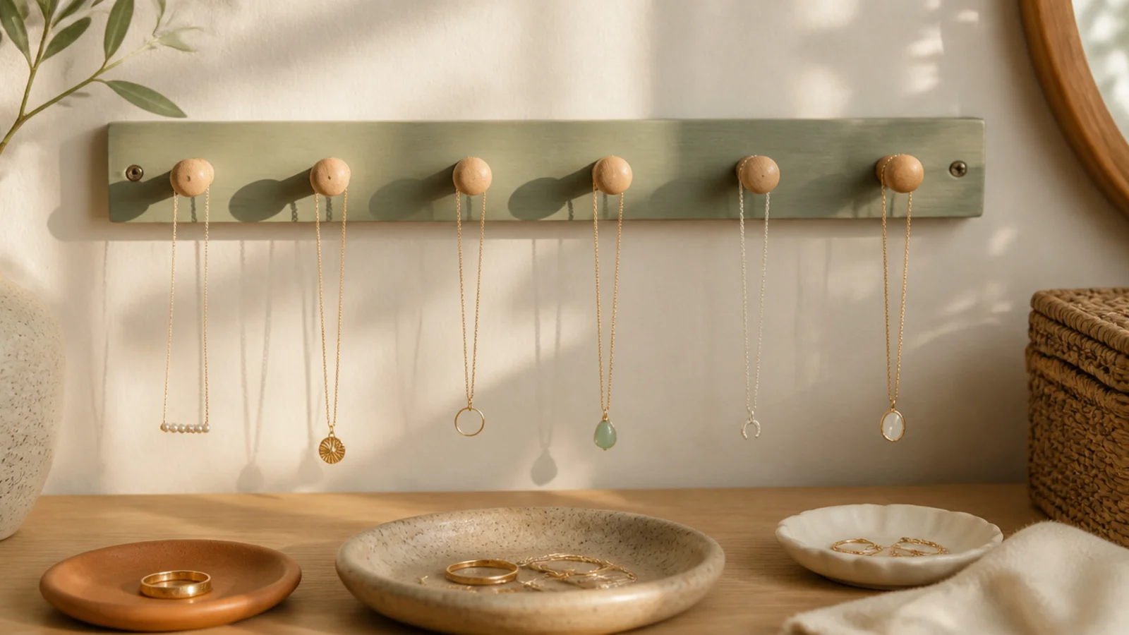 A painted wood rail mounted on the wall with a row of six wooden knobs, each holding a separate necklace.