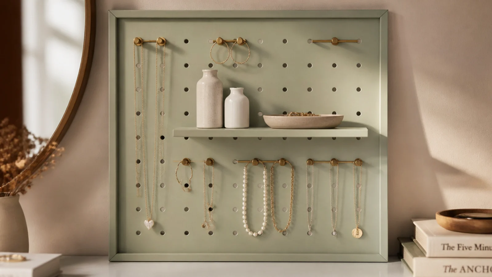 A framed pegboard painted soft sage on a bedroom wall with hooks, a small shelf, and a ring dish holding mixed jewelry.