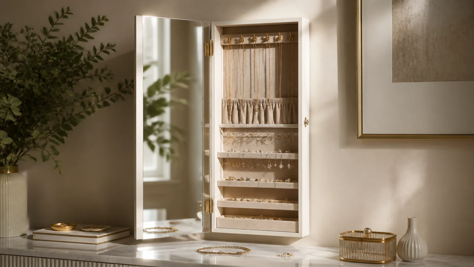 A slim wall-mounted cabinet with a full-length mirror door open to reveal hooks and shelves full of organized jewelry.
