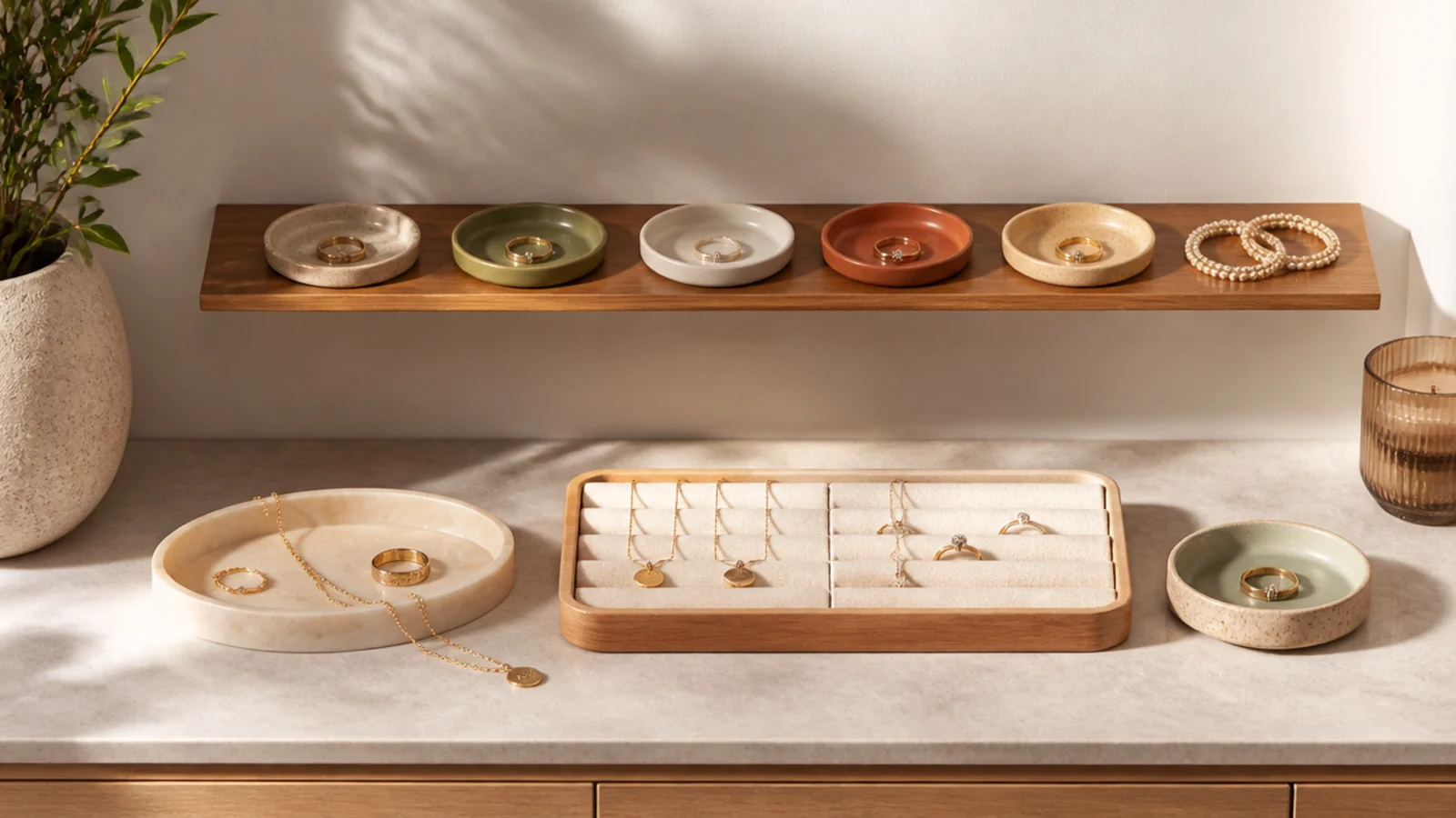 A slim floating wood shelf on the wall holding a row of small ring dishes and a couple of coiled bracelets.