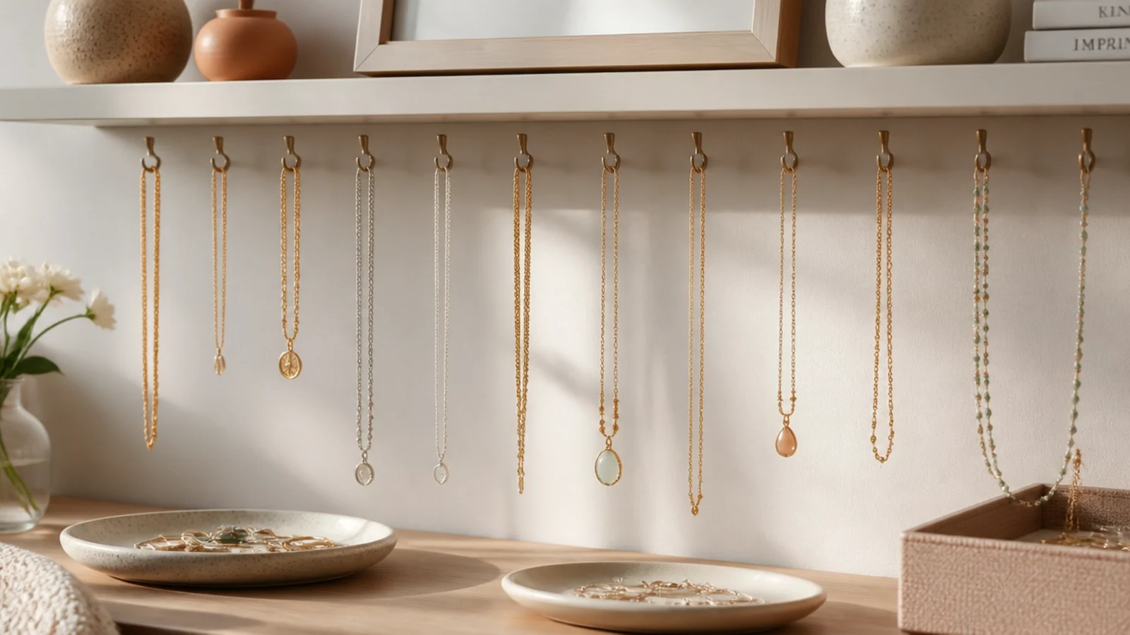 A row of small brass cup hooks screwed into the underside of a wall shelf, necklaces hanging beneath the shelf.