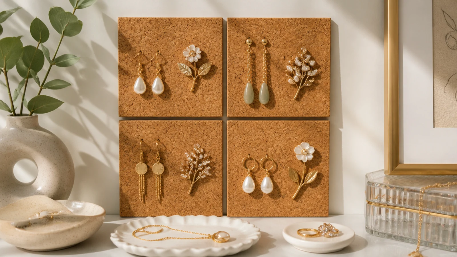 A grid of four square cork tiles on the wall holding dangle earrings and pinned brooches in an even arrangement.