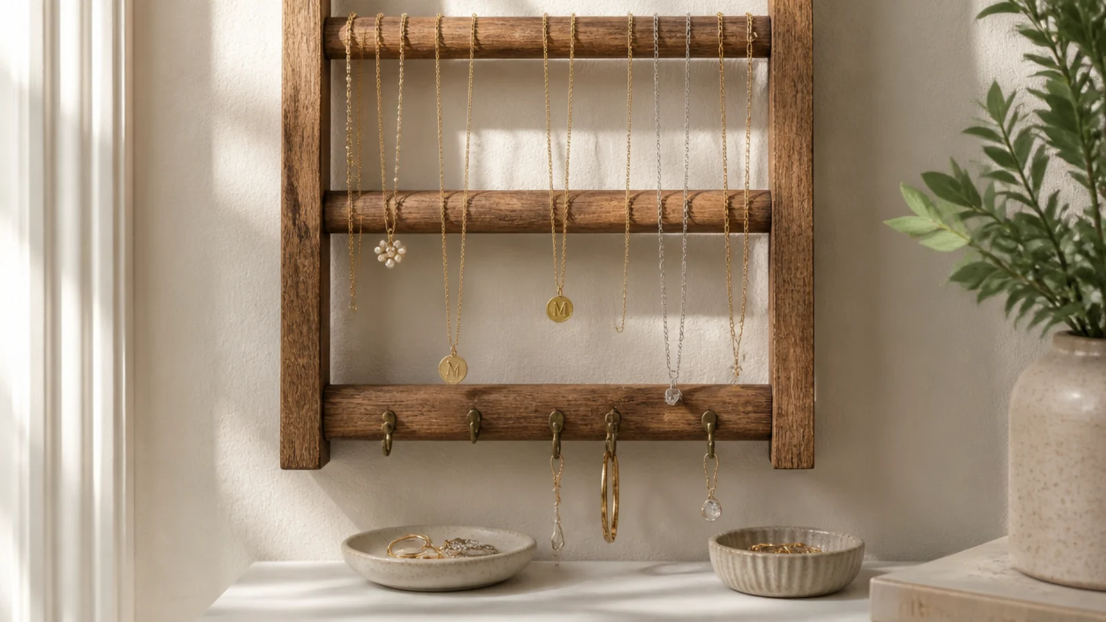 A short wooden ladder mounted flat against the wall with necklaces draped over the rungs and hooks added below.