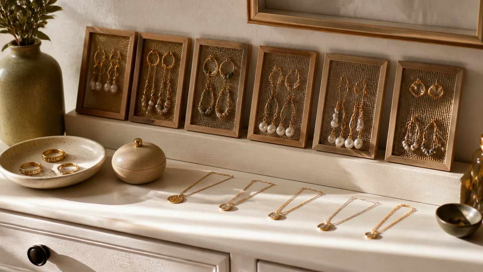 A narrow picture ledge on the wall with several small framed mesh panels leaning on it, each holding earrings.